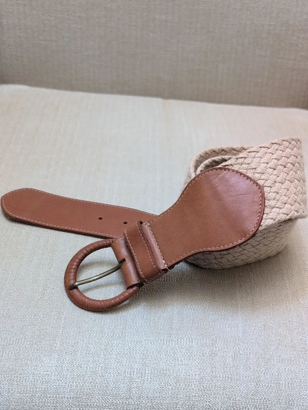 J. McLaughlin Brown Leather-Trim Wide Woven Belt Coastal Preppy Size L/XL